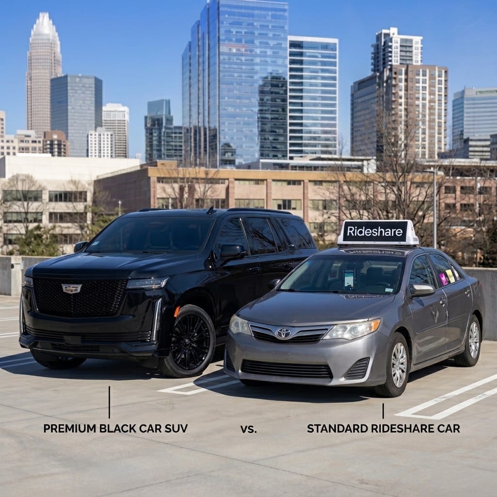 Premium Black Car SUV (a Cadillac Escalade) alongside a Standard Rideshare Car (a Toyota Camry) parked on a rooftop lot against a city skyline.