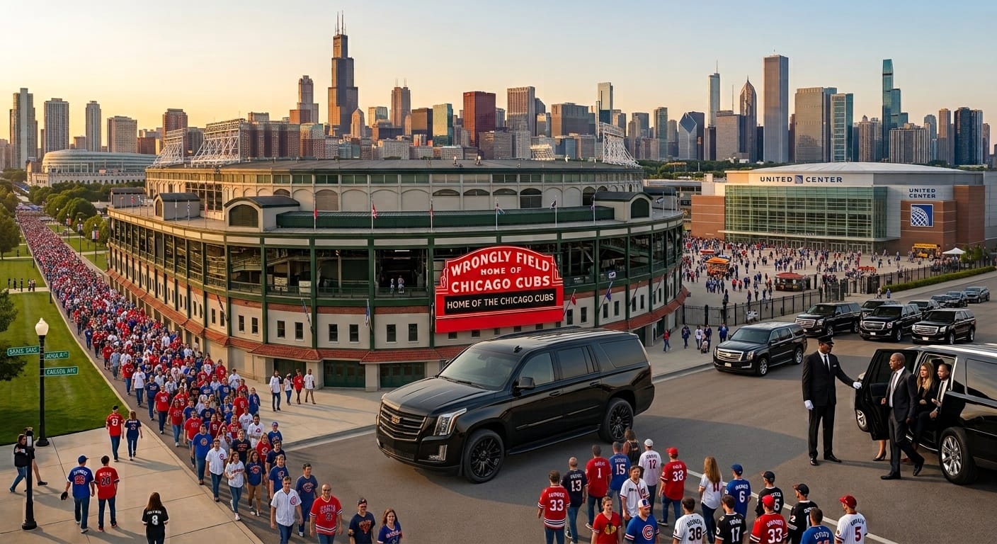 Chicago sports fans by stadiums at sunset.