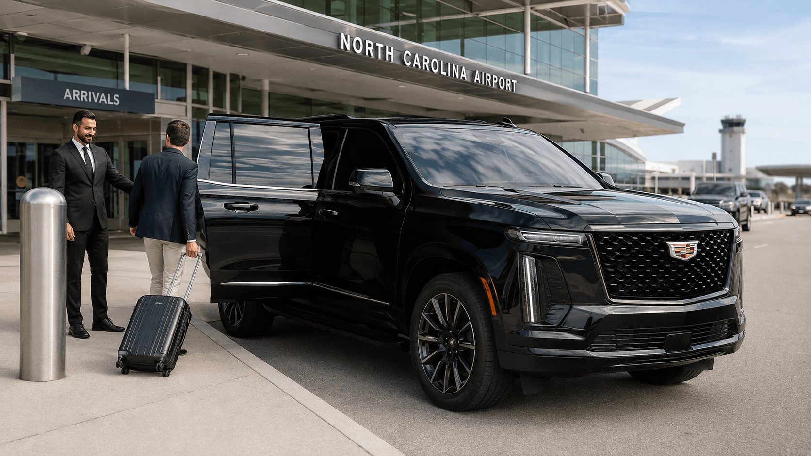 black 2025 cadillac escalade pciking up a client from the north carolina airport