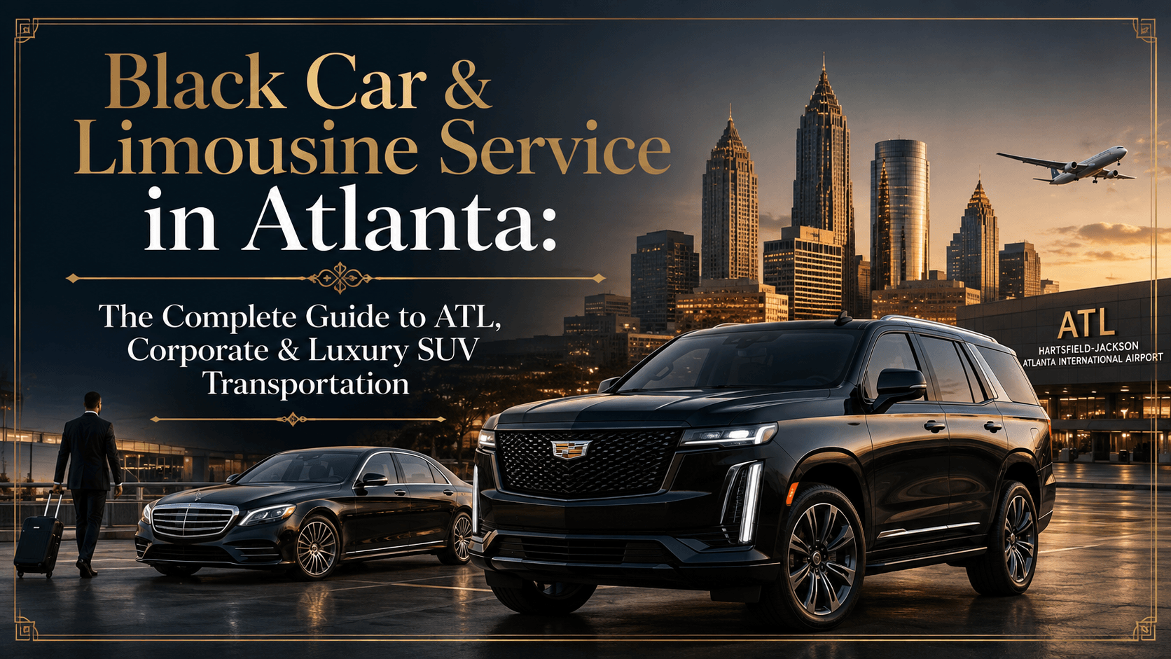 Luxury black SUV and executive sedan representing black car and limousine service for ATL Airport, corporate travel, and luxury transportation in Atlanta.