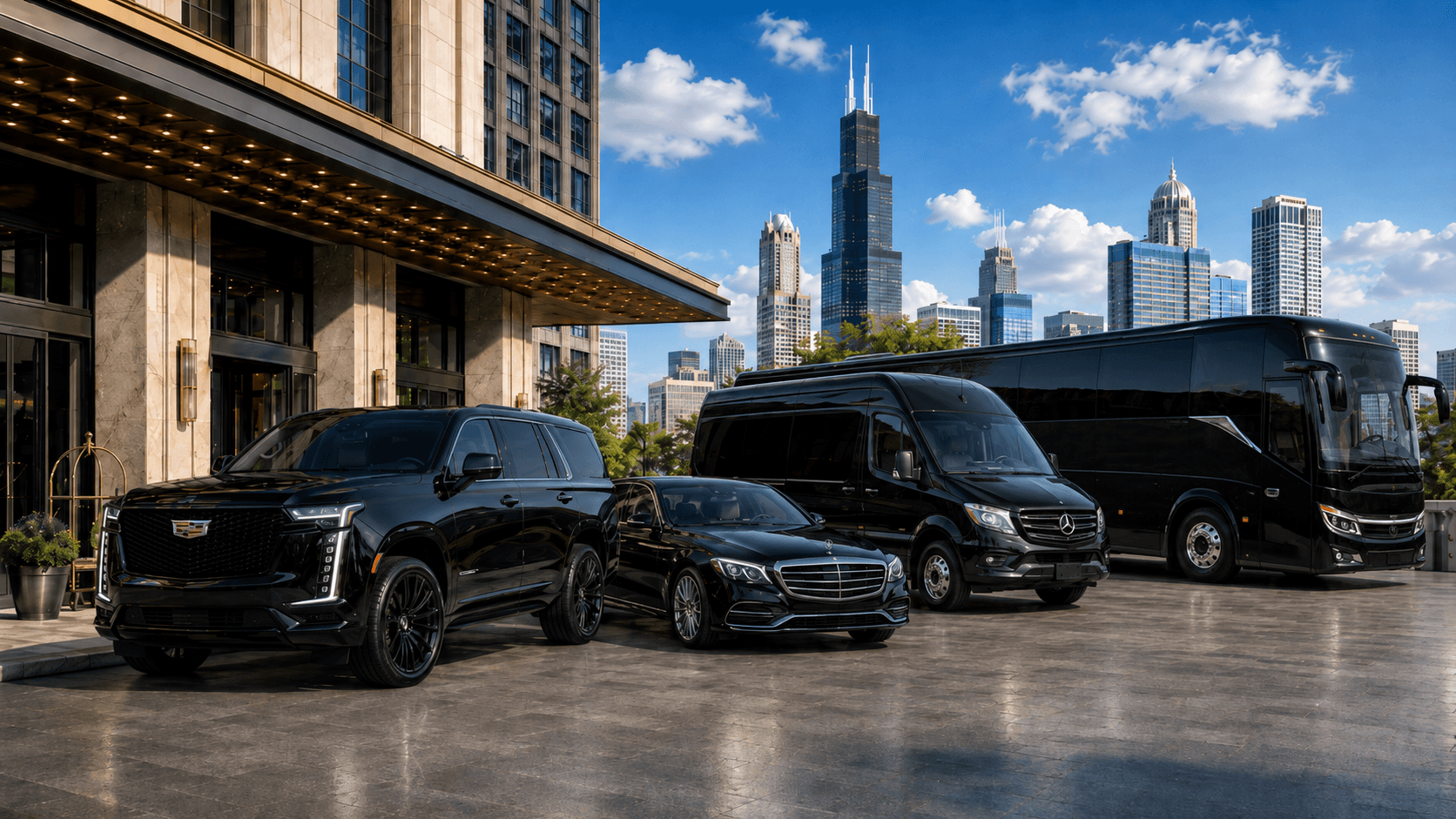 Luxury Chicago limousine fleet featuring a black 2026 Cadillac Escalade, Mercedes S-Class, Sprinter van, and 54-passenger charter coach.