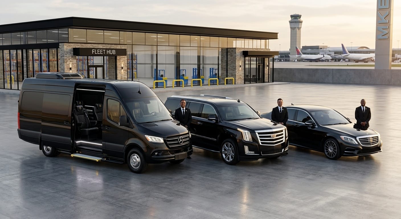Milwaukee limo service fleet with Mercedes Sprinter van, Cadillac Escalade SUV, and Mercedes S-Class sedan parked with professional chauffeurs near MKE Airport
