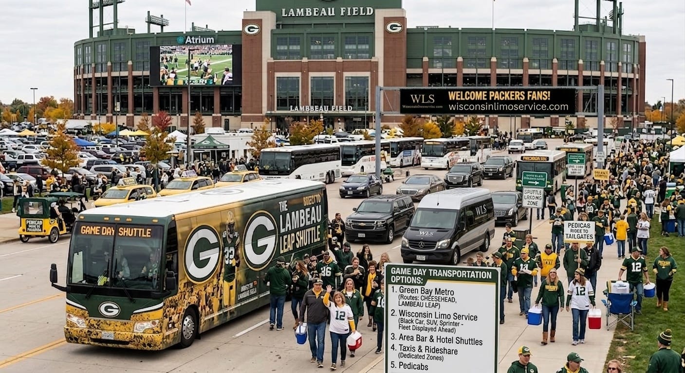 Green Bay Packers game day traffic outside Lambeau Field with the Lambeau Leap shuttle bus, Wisconsin Limo Service black SUVs and Sprinter vans, and fans walking to the stadium