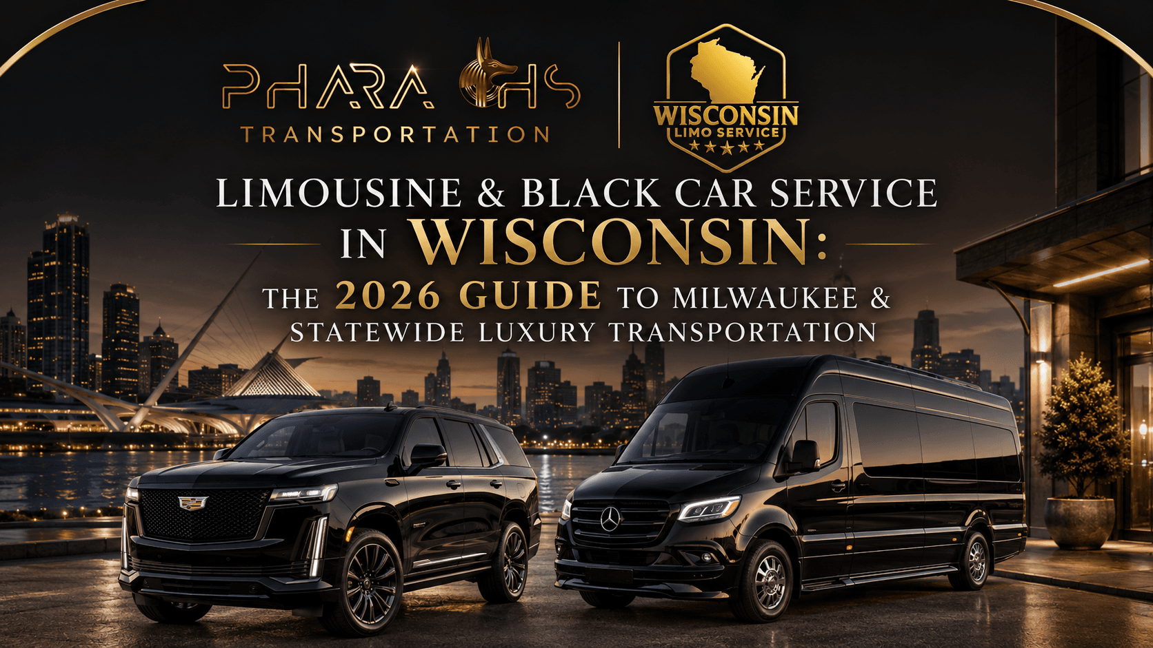 Black 2026 Cadillac Escalade and Mercedes Sprinter limo representing Pharaohs Transportation and Wisconsin Limo Service in Milwaukee, Wisconsin.
