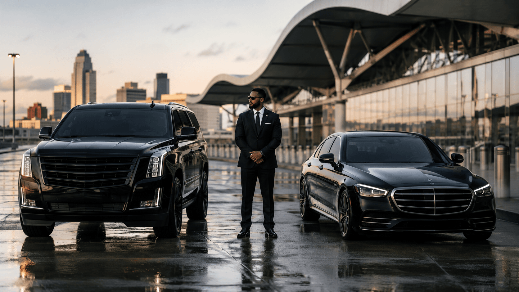 Premium Milwaukee limousine service fleet — luxury SUV and executive sedan with chauffeur at airport terminal