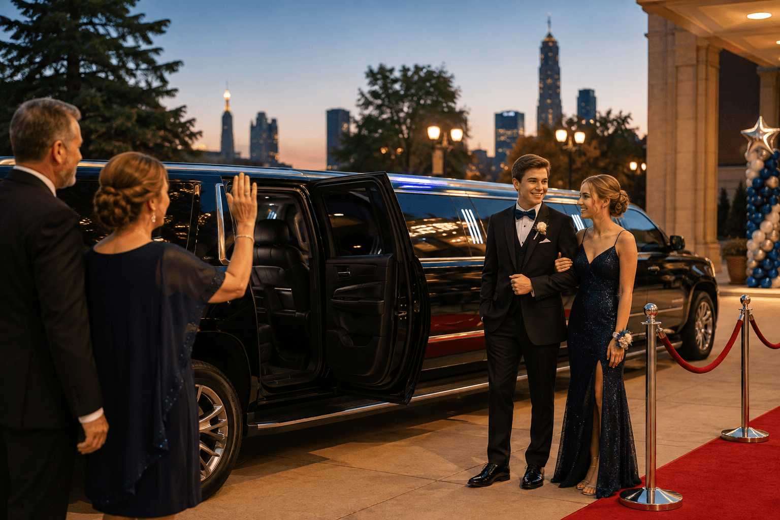 Milwaukee prom limo — group of students beside a Sprinter limo on prom night
