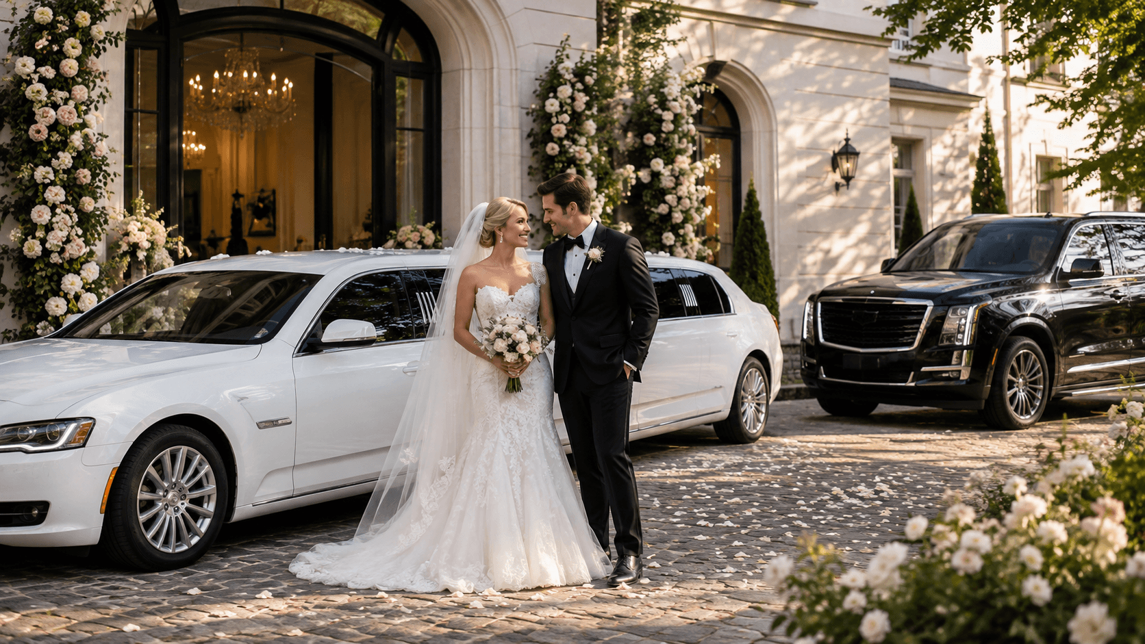 Milwaukee wedding transportation — limo and SUV at the venue