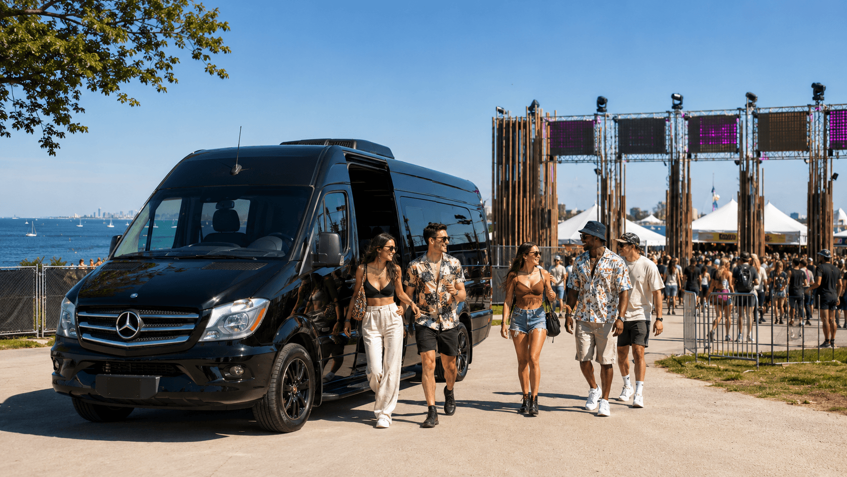 Summerfest transportation — Sprinter van dropping off festivalgoers at the Milwaukee lakefront