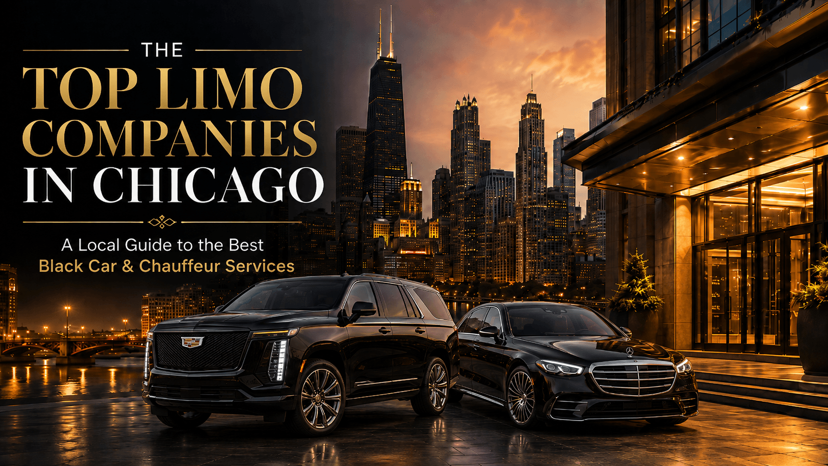 Luxury black 2026 Cadillac Escalade and Mercedes S-Class representing top limousine, black car, and chauffeur services in Chicago.