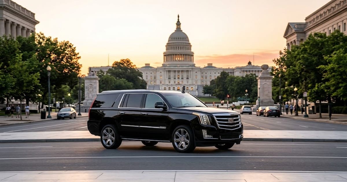 Black Cadillac Escalade limo service parked in front of the U.S. Capitol at sunset, Washington DC
