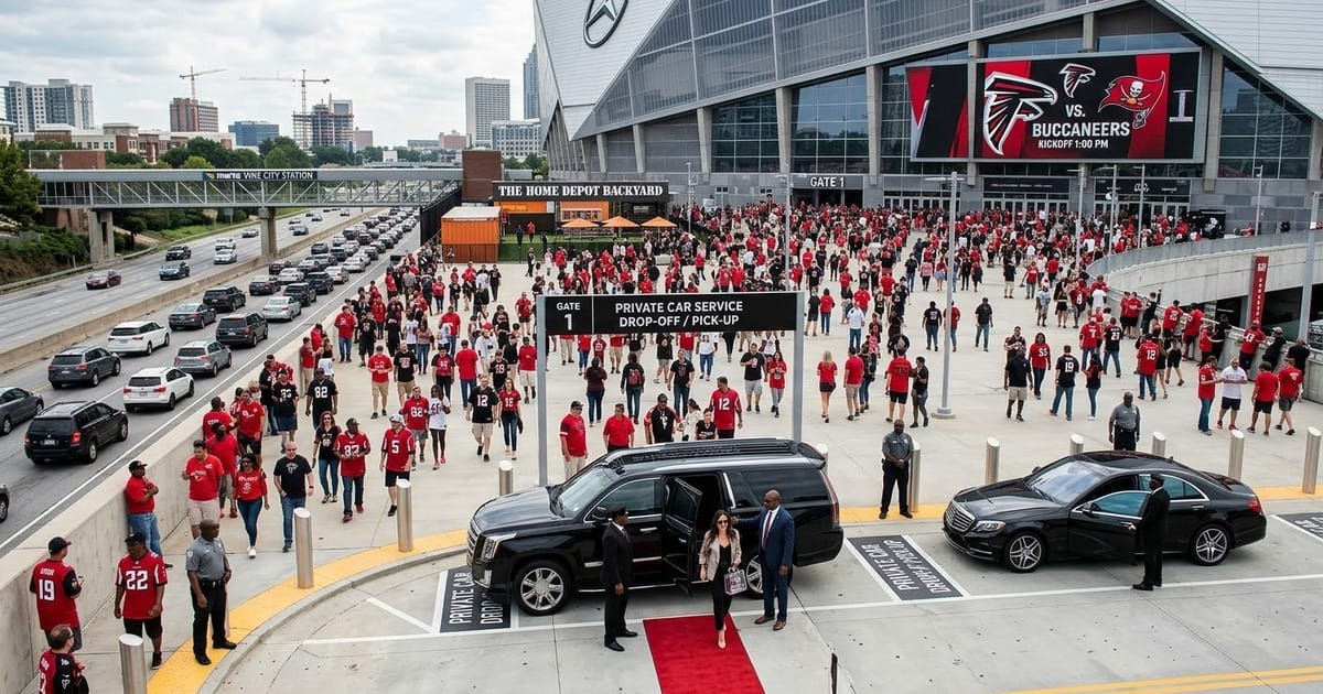 Private car service drop-off at a football stadium entrance with black SUVs and sedans parked curbside as fans walk toward the gate on game day