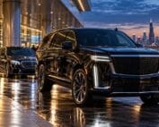 Chicago airports to Wisconsin private ride with a black 2026 Cadillac Escalade and Mercedes-Benz S-Class at a luxury Chicago airport pickup