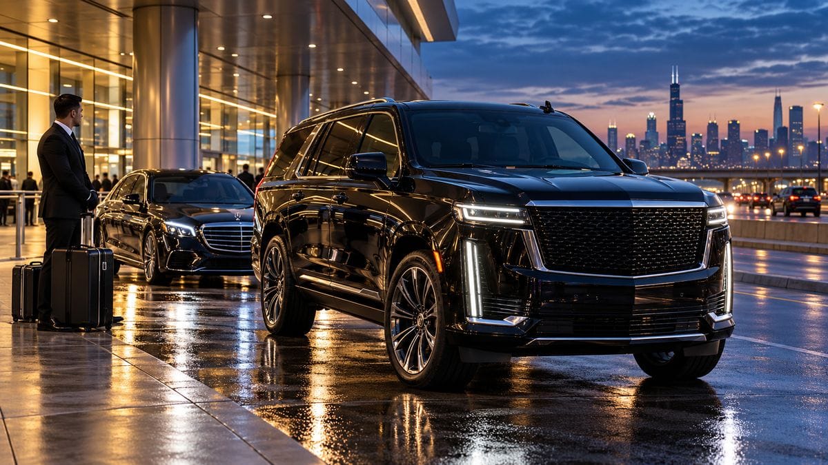 Chicago airports to Wisconsin private ride with a black 2026 Cadillac Escalade and Mercedes-Benz S-Class at a luxury Chicago airport pickup