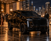 Chicago event pickup service with a black 2026 Cadillac Escalade Platinum Sport waiting for guests after an evening event