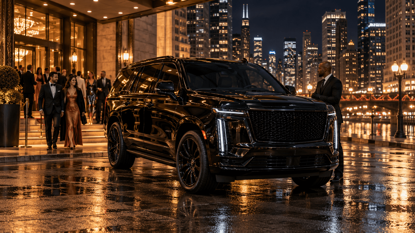 Chicago event pickup service with a black 2026 Cadillac Escalade Platinum Sport waiting for guests after an evening event