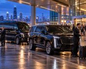 Chicago group airport pickup with a black 2026 Cadillac Escalade and Mercedes-Benz Sprinter coordinating travelers arriving on separate flights