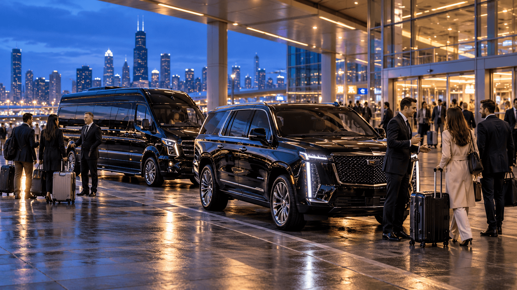 Chicago group airport pickup with a black 2026 Cadillac Escalade and Mercedes-Benz Sprinter coordinating travelers arriving on separate flights