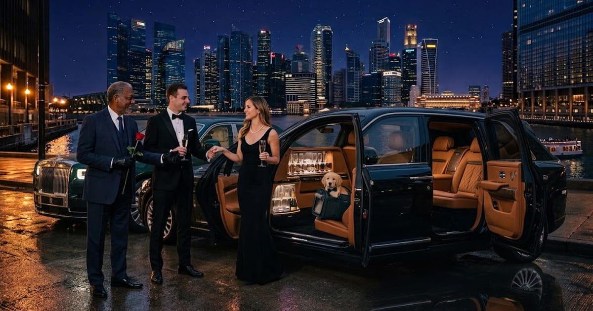 A couple in formal evening wear sharing champagne beside an open luxury sedan with a chauffeur presenting a rose, city skyline lit up at night in the background