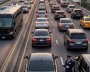 A charter coach bus and black chauffeur-driven SUVs in heavy highway traffic with a professional chauffeur standing curbside, city skyline in the background