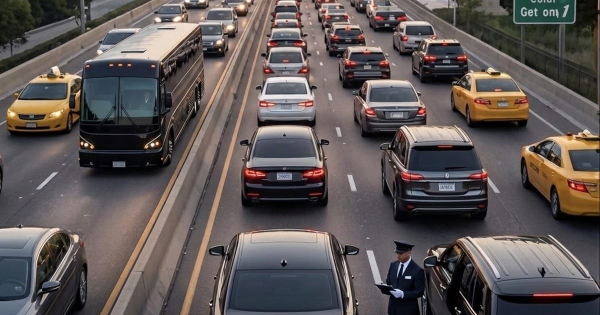 A charter coach bus and black chauffeur-driven SUVs in heavy highway traffic with a professional chauffeur standing curbside, city skyline in the background
