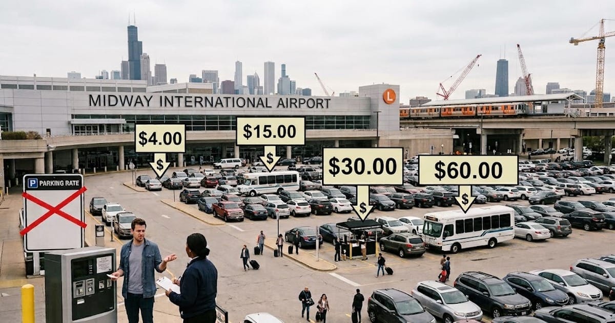 Midway International Airport parking lot with price callouts showing $4, $15, $30, and $60 daily rates across different lot tiers, Chicago skyline in the background