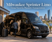 Milwaukee Sprinter limo: black Mercedes-Benz Sprinter as a group boards outside a Milwaukee hotel with the skyline behind