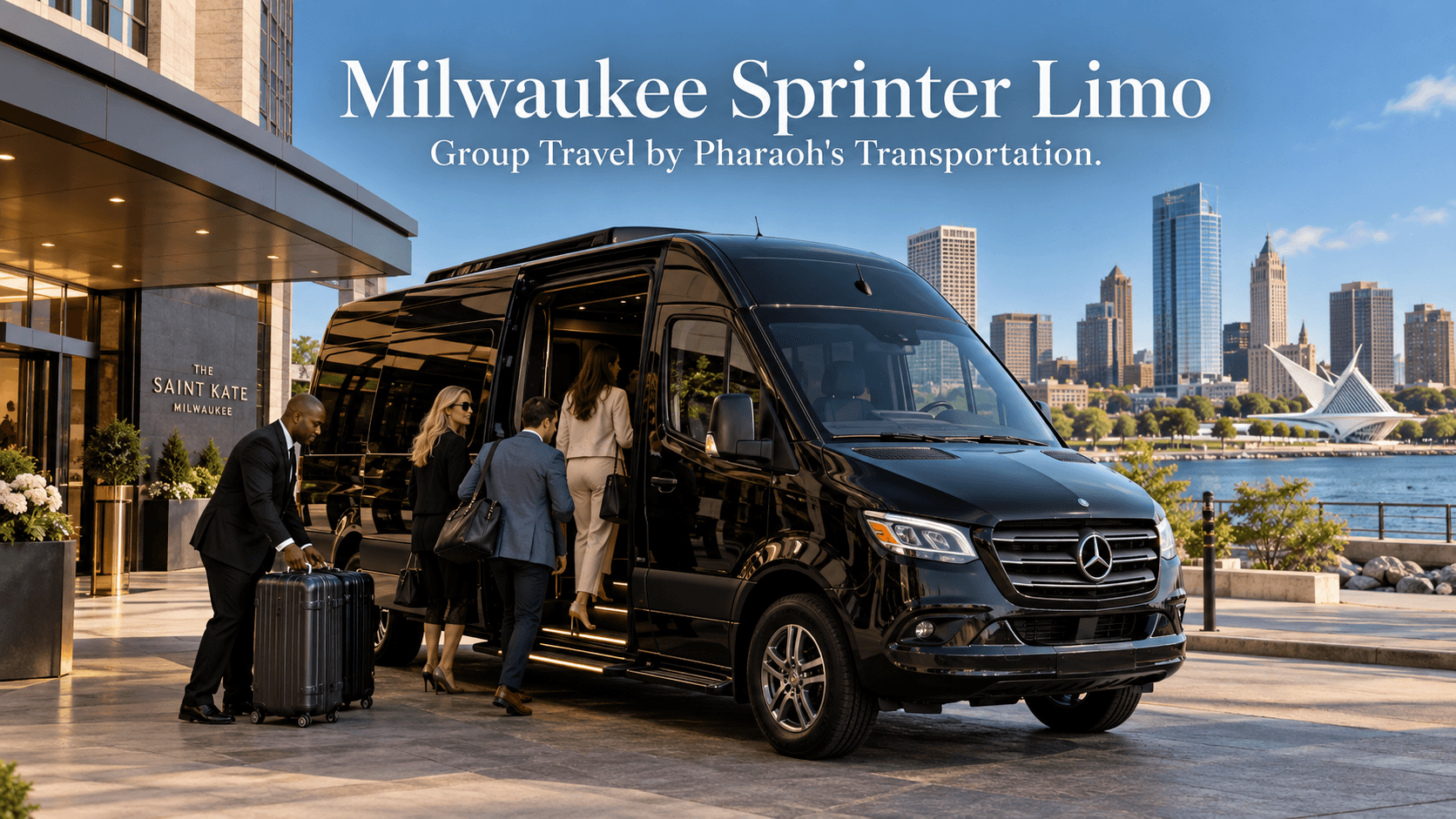 Milwaukee Sprinter limo: black Mercedes-Benz Sprinter as a group boards outside a Milwaukee hotel with the skyline behind