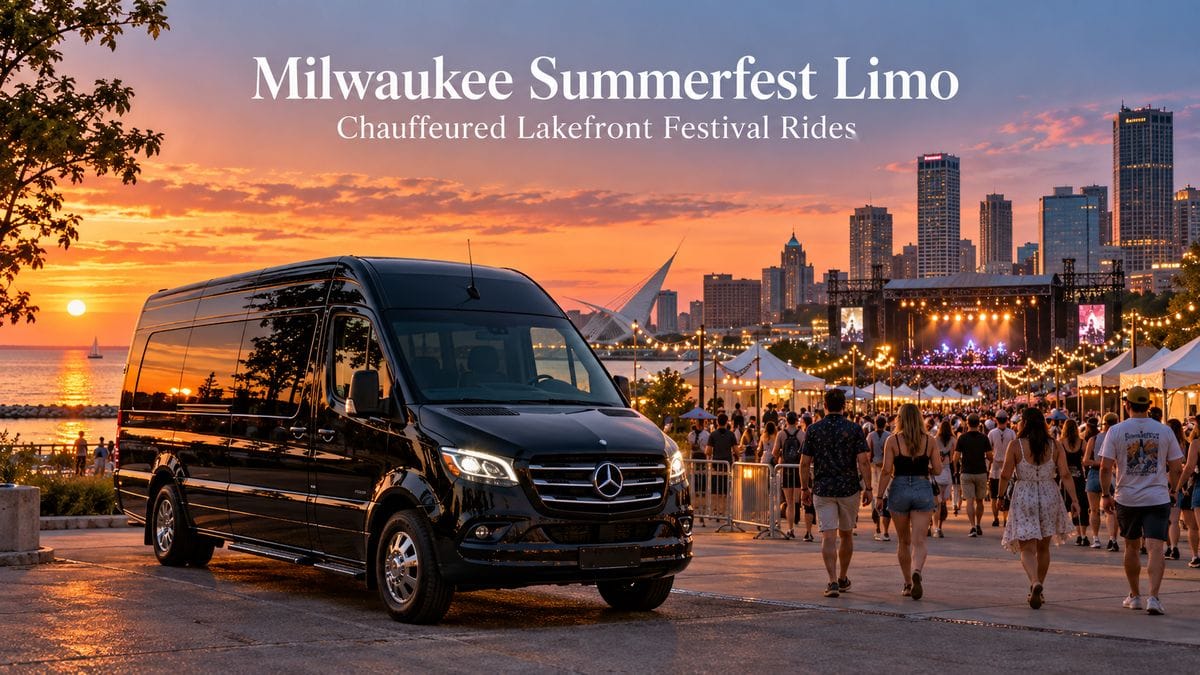 Milwaukee Summerfest limo: black Mercedes Sprinter on the lakefront at sunset as festival-goers walk toward the stage with the Milwaukee skyline behind