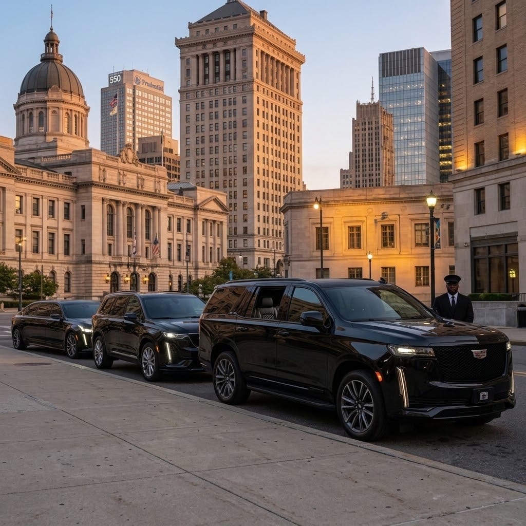 Black car service fleet with Cadillac Escalade SUVs and a stretch limo parked in front of Newark City Hall and the Prudential Tower at dusk, chauffeur standing by