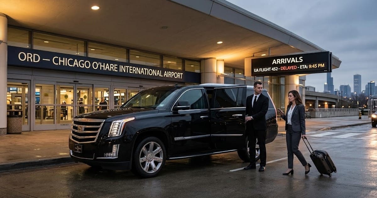 Chauffeur waiting curbside with a black Cadillac Escalade at O'Hare International Airport arrivals as a traveler exits with luggage past a delayed flight sign