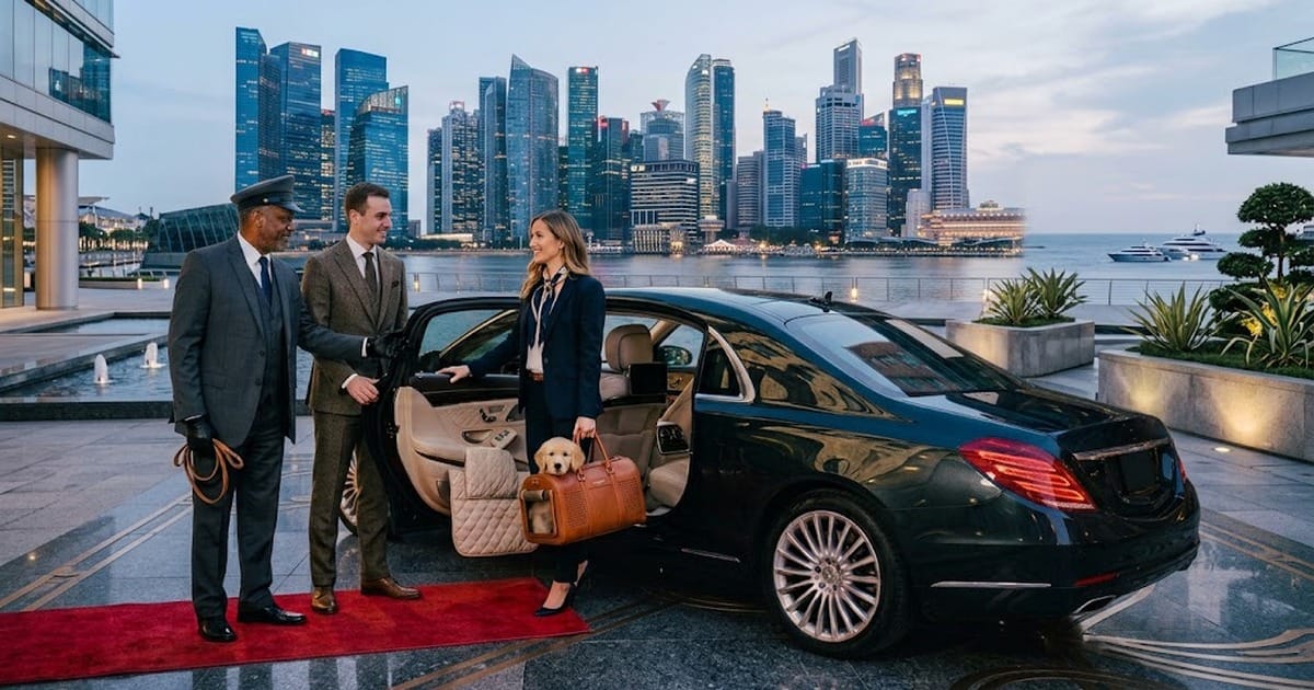 A chauffeur and driver assisting a woman with a small dog and luggage into a black luxury sedan, red carpet rolled out, city skyline and harbor in the background at dusk