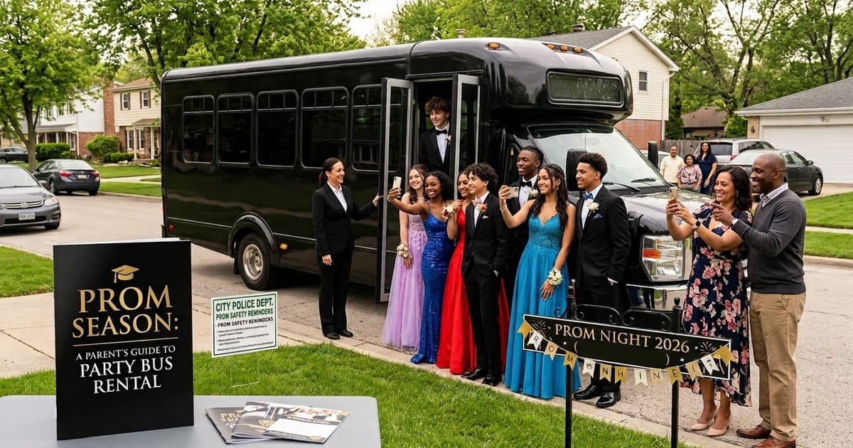 Prom students in formal wear posing for photos in front of a black party bus with a chauffeur and parents nearby, "Prom Season: A Parent's Guide to Party Bus Rental" sign displayed
