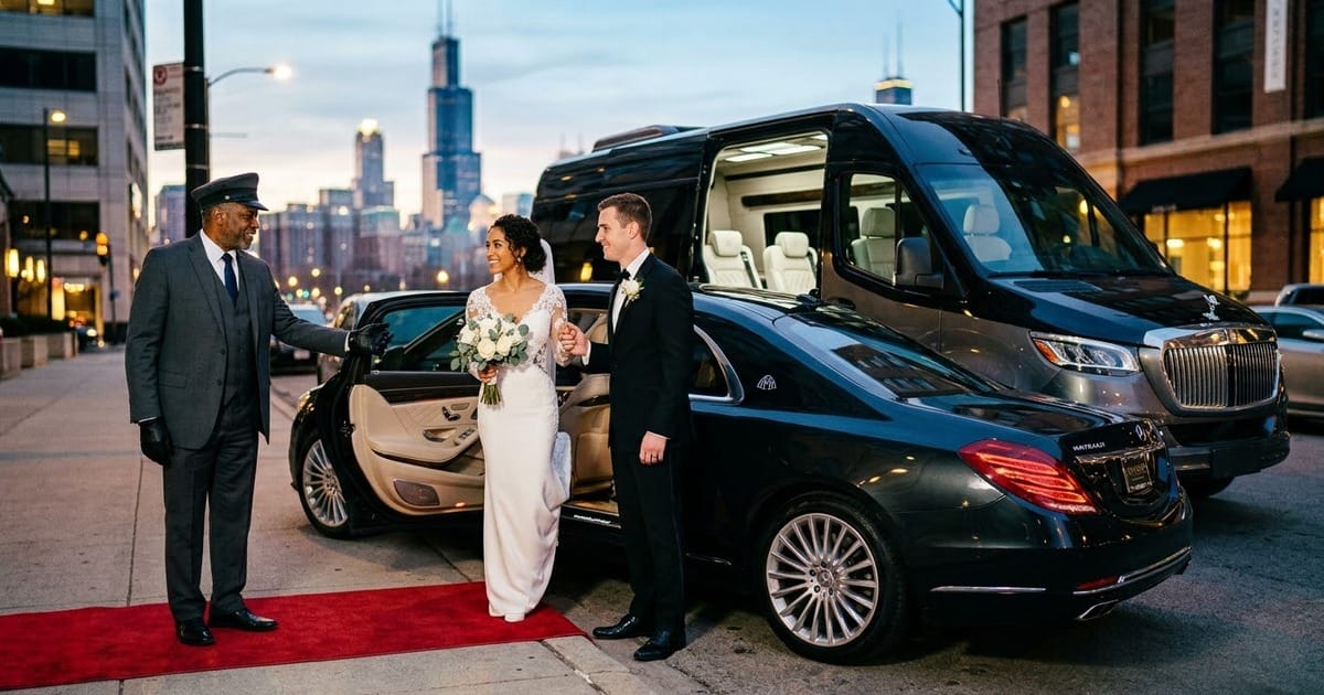 A bride and groom holding hands beside a chauffeur-driven luxury sedan and Sprinter shuttle van in downtown Chicago at dusk, with a chauffeur assisting and the Willis Tower skyline in the background
