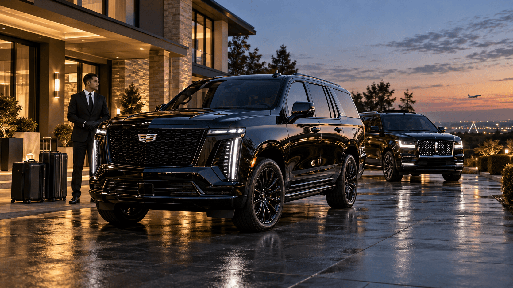 Western suburbs airport transportation with a black 2026 Cadillac Escalade Platinum Sport prepared for a luxury airport departure