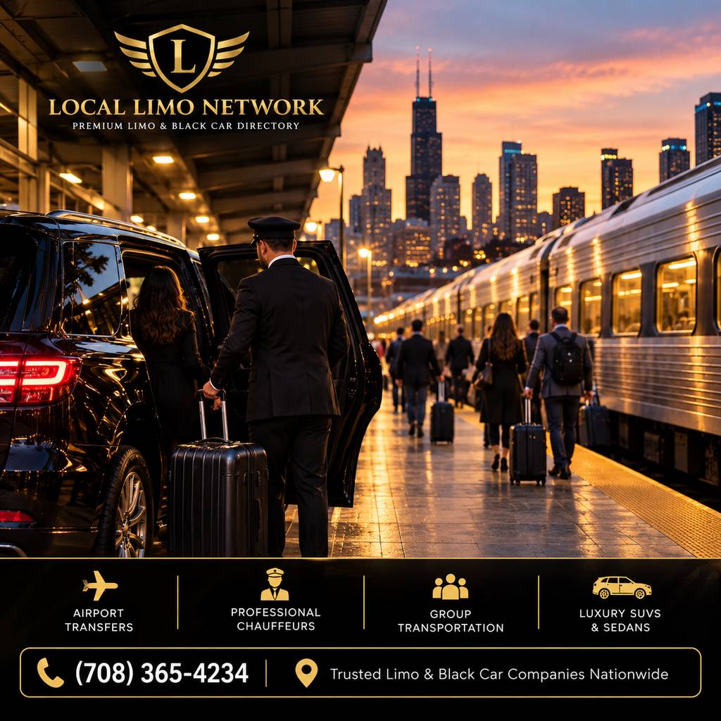 Chauffeur loading a suitcase into a black SUV beside a train platform as passengers walk along a silver passenger train at dusk.
