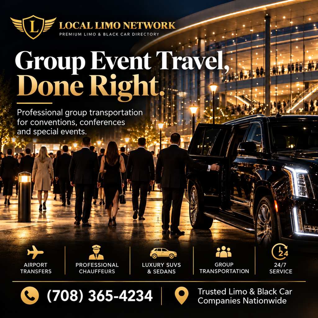 Convention attendees in business clothes walking past a lit glass convention center at night as a chauffeur opens the door of a black SUV.