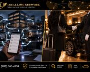 Split image showing a phone with tangled arrows bouncing between an office building and several cars on one side, and a traveler shaking hands with a chauffeur beside a black car on the other
