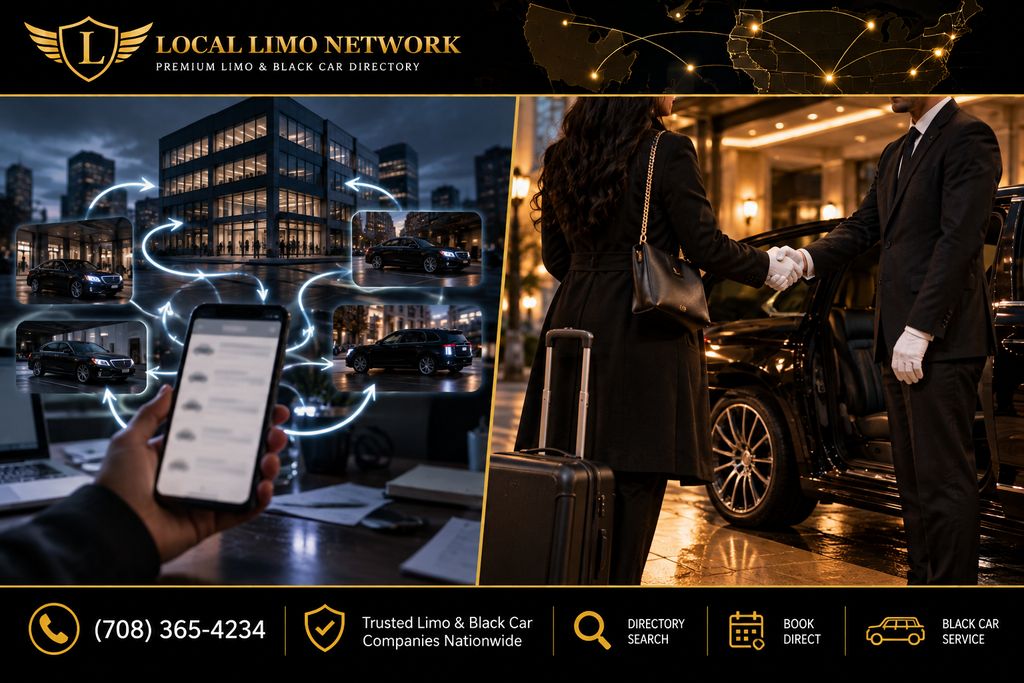 booking-direct-vs-app-or-broker Split image showing a phone with tangled arrows bouncing between an office building and several cars on one side, and a traveler shaking hands with a chauffeur beside a black car on the other