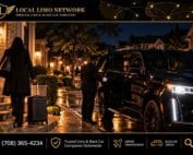 Traveler rolling a suitcase down lit front steps at night as a chauffeur holds the door of a black SUV waiting at the curb