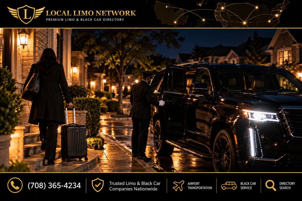 Traveler rolling a suitcase down lit front steps at night as a chauffeur holds the door of a black SUV waiting at the curb