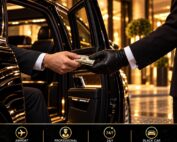 Passenger handing a cash tip to a gloved chauffeur beside an open car door.