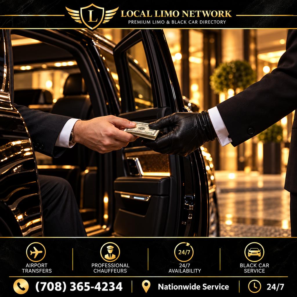 chauffeur-tipping-guide-how-much-to-tip-a-limo-driver(2) Passenger handing a cash tip to a gloved chauffeur beside an open car door.