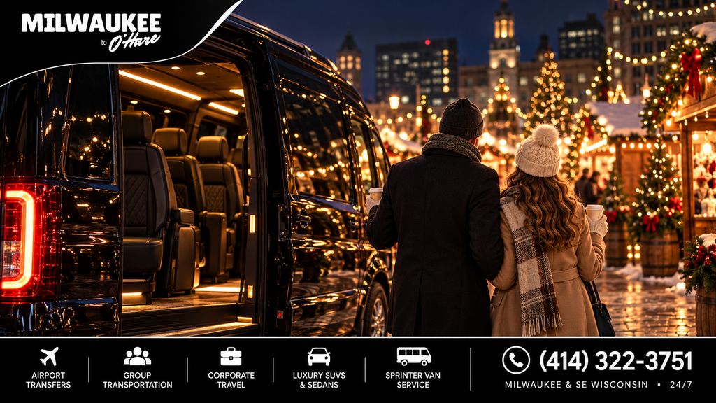 Couple holding warm drinks walking from a black Sprinter into a lit-up outdoor Christmas market at night, showing a Chicago Christmas markets day trip from Wisconsin
