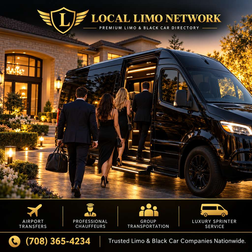 Group in evening clothes boarding a black Sprinter van outside a suburban home at dusk.
