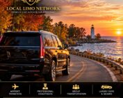 Black SUV on a shoreline road past fall trees, with a white lighthouse at sunset.