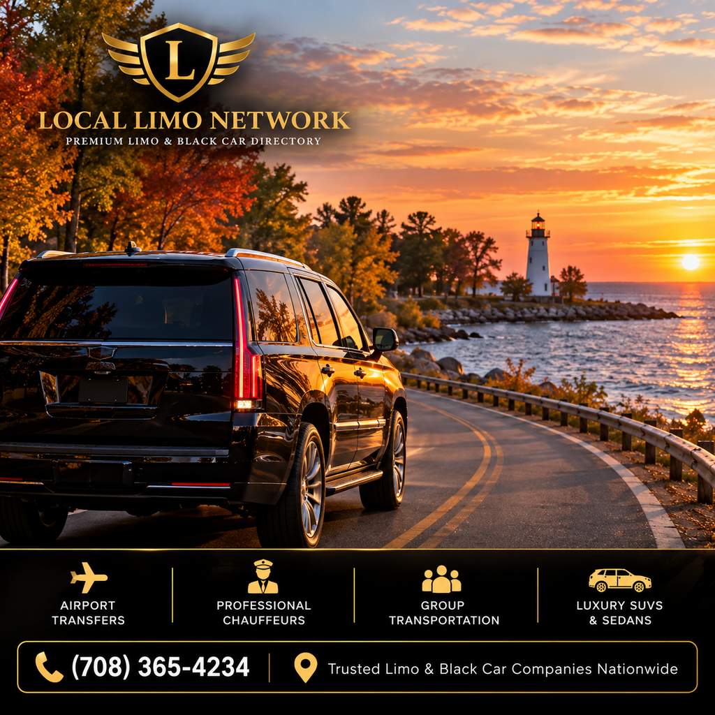 Black SUV on a shoreline road past fall trees, with a white lighthouse at sunset.
