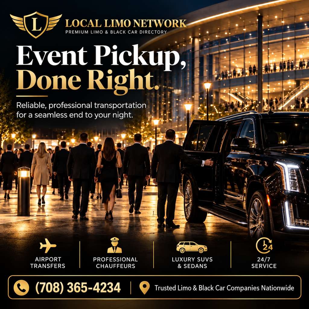 Crowd leaving a lit downtown venue at night while a chauffeur holds the door of a black SUV at the curb.