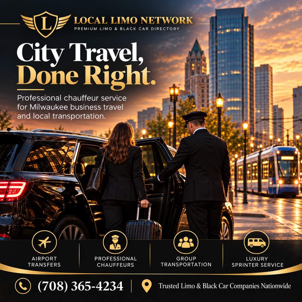 Chauffeur opening a black SUV door for a business traveler with a suitcase on a downtown Milwaukee street, with a streetcar passing at sunset.
