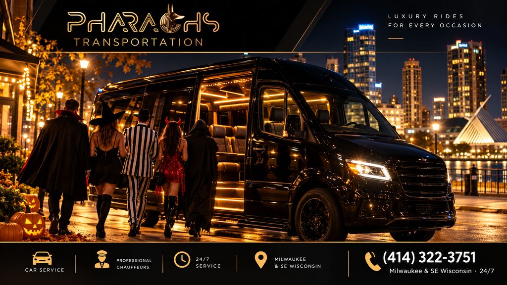 Group in Halloween costumes boarding a lit Sprinter party bus at night on the Milwaukee lakefront, showing a Halloween party bus in Milwaukee