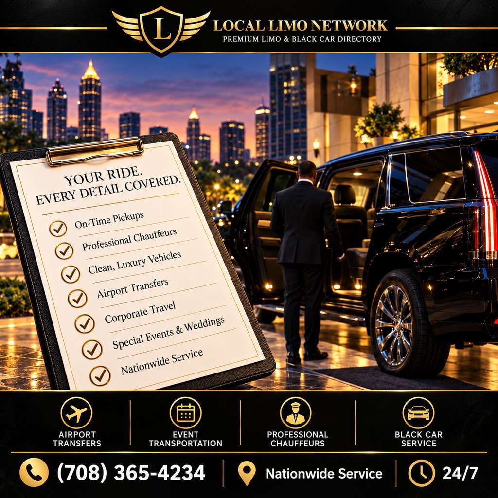 how-to-choose-best-car-service-atlanta-lln Checklist on a clipboard beside a chauffeur opening the door of a black SUV outside a hotel, with the Atlanta skyline at dusk, illustrating how to choose the best car service in Atlanta.